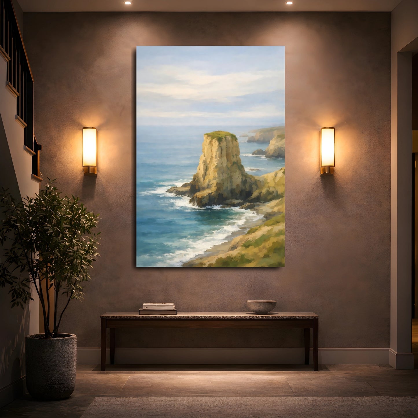 Mockup 4. Nature Sea Stack Blue And Gold Coastal shown as stretched canvas wall art
