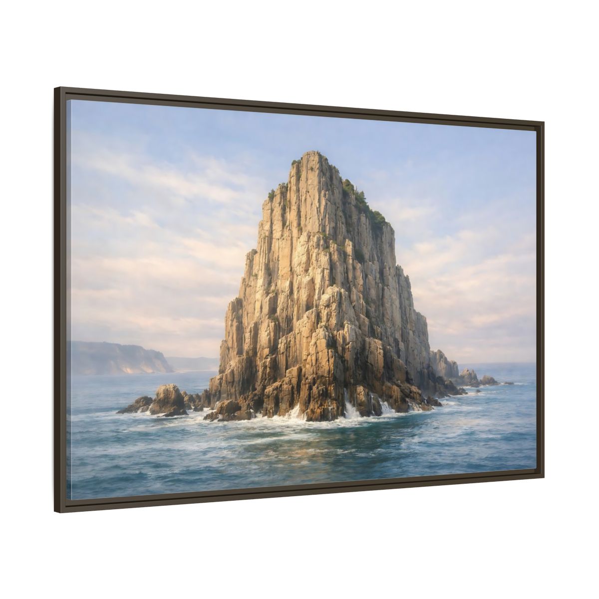 Main Mockup. Nature Sea Stack Blue And Tan shown as stretched canvas wall art