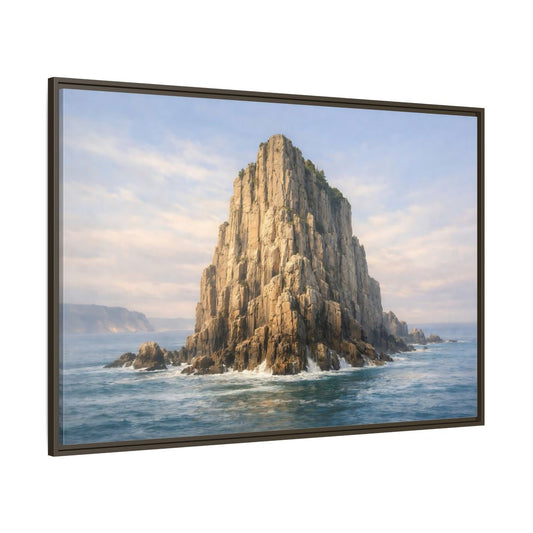 Main Mockup. Nature Sea Stack Blue And Tan shown as stretched canvas wall art