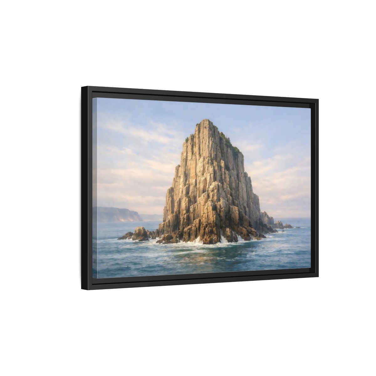 Side Mockup 3. Nature Sea Stack Blue And Tan shown as stretched canvas wall art