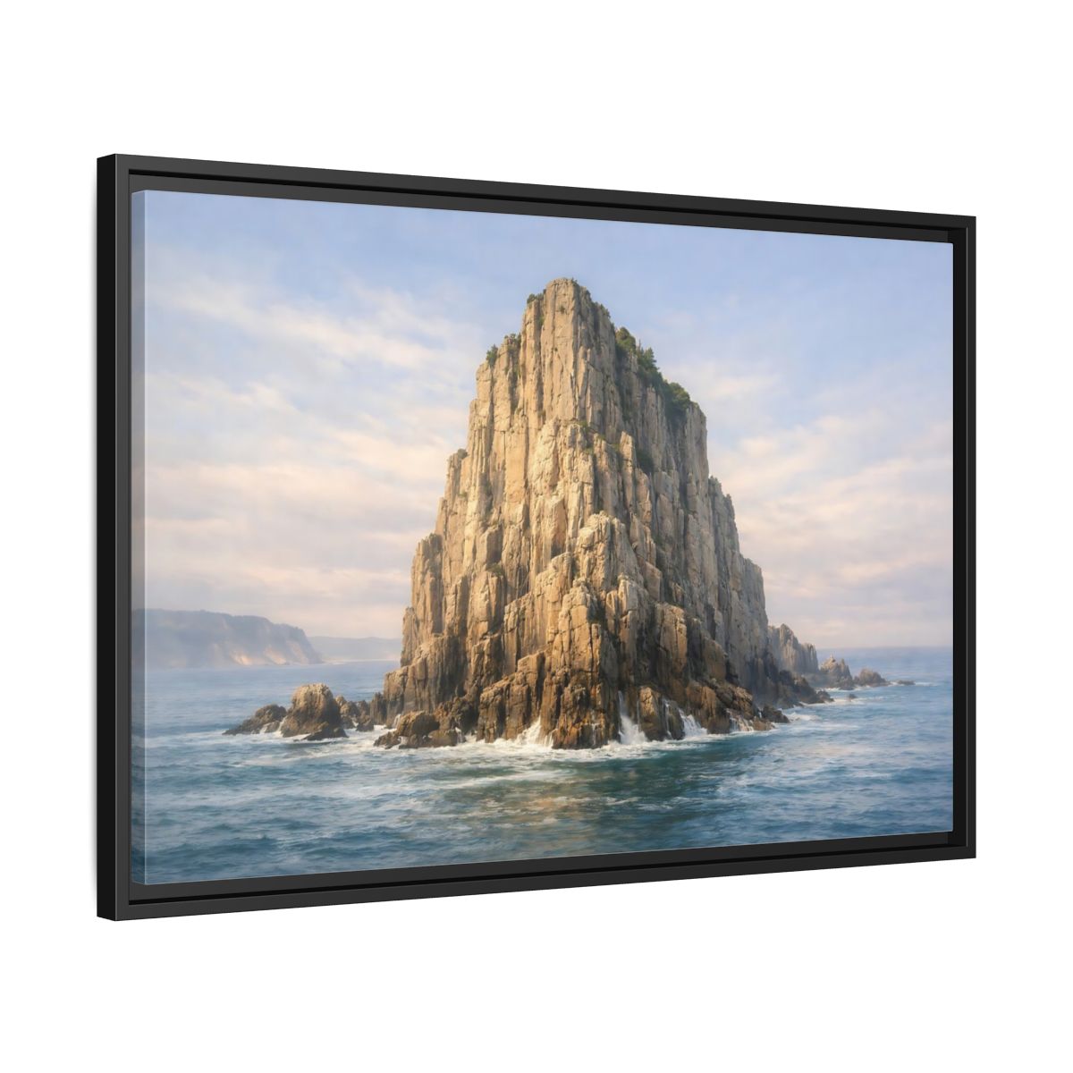 Side Mockup 14. Nature Sea Stack Blue And Tan shown as stretched canvas wall art