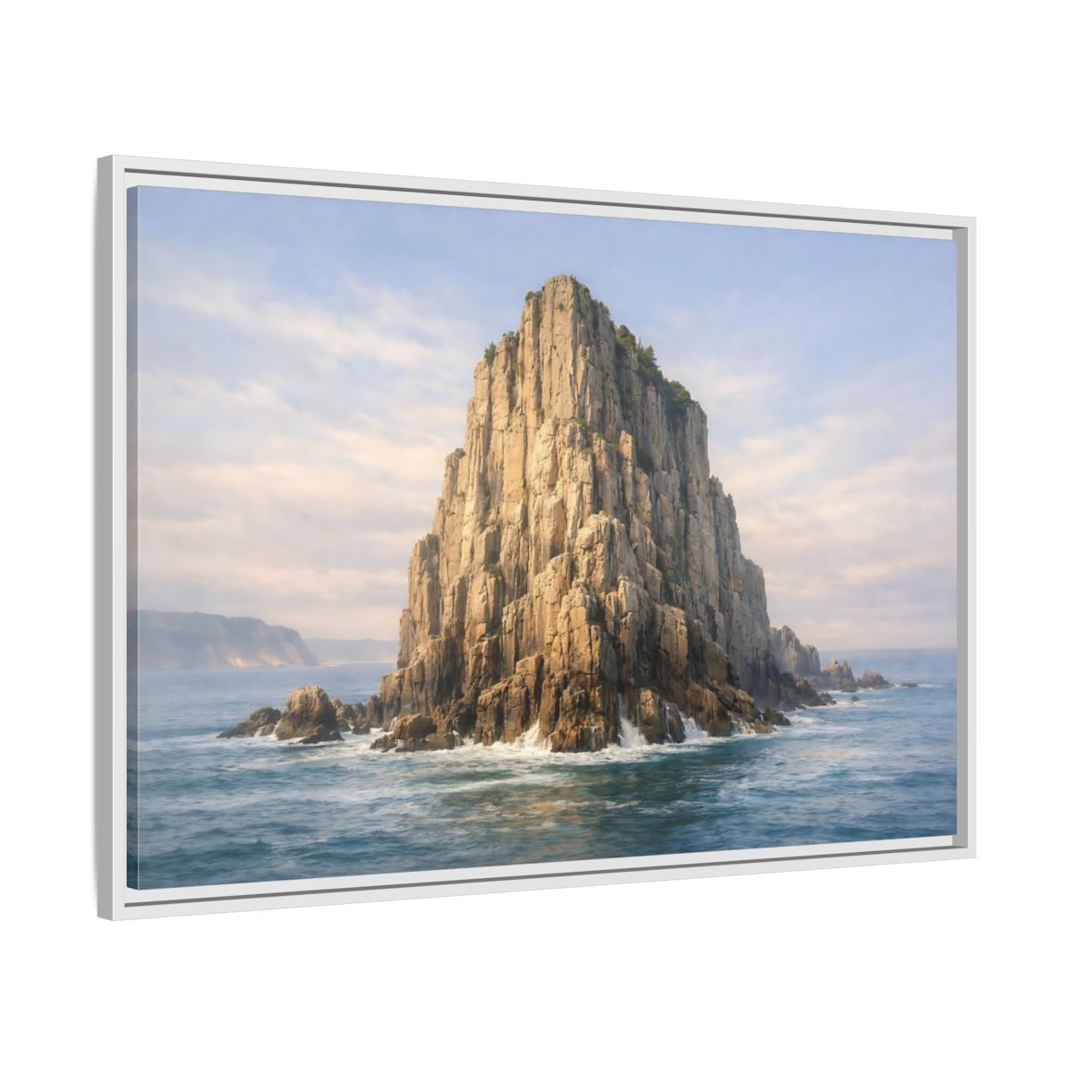 Side Mockup 8. Nature Sea Stack Blue And Tan shown as stretched canvas wall art
