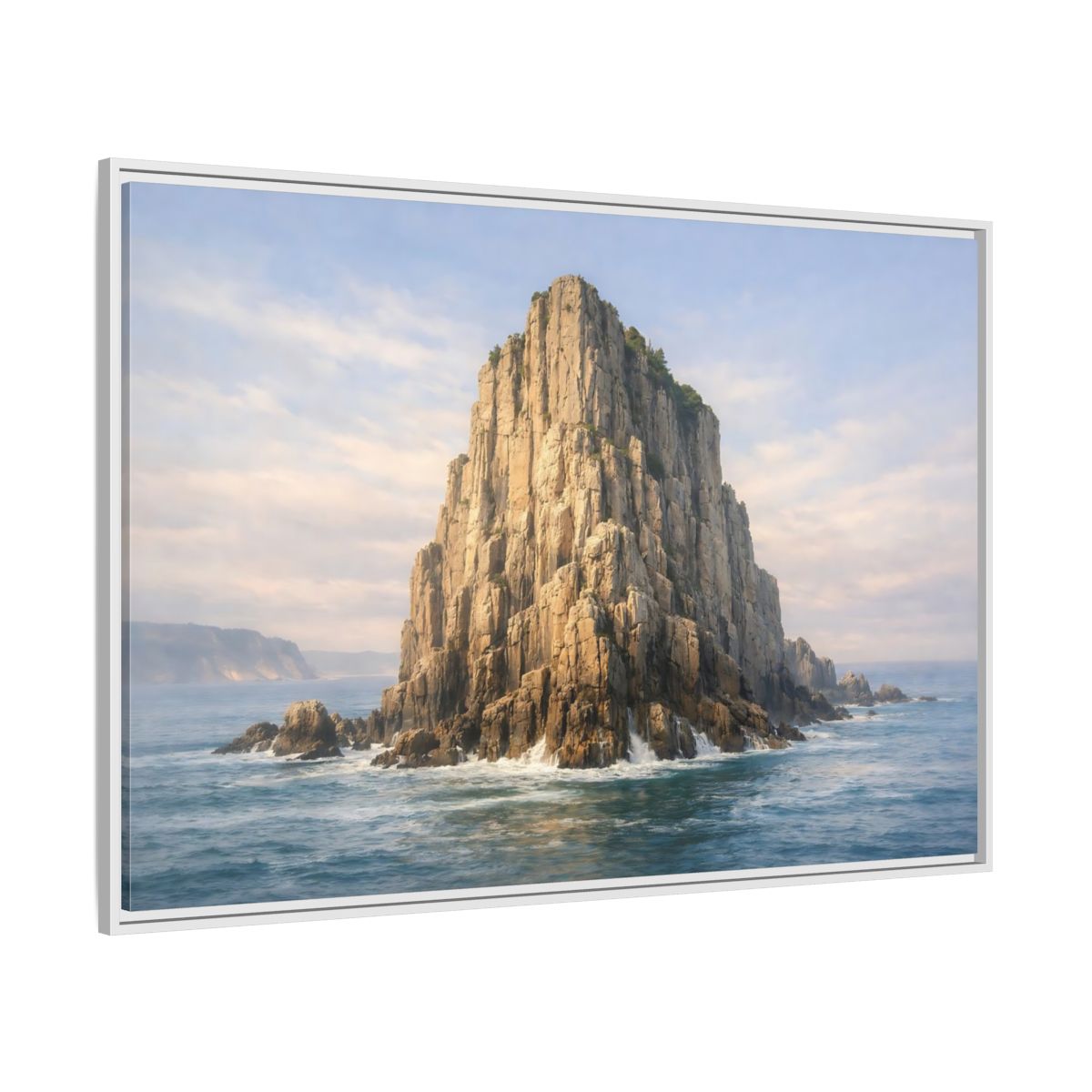 Side Mockup 7. Nature Sea Stack Blue And Tan shown as stretched canvas wall art