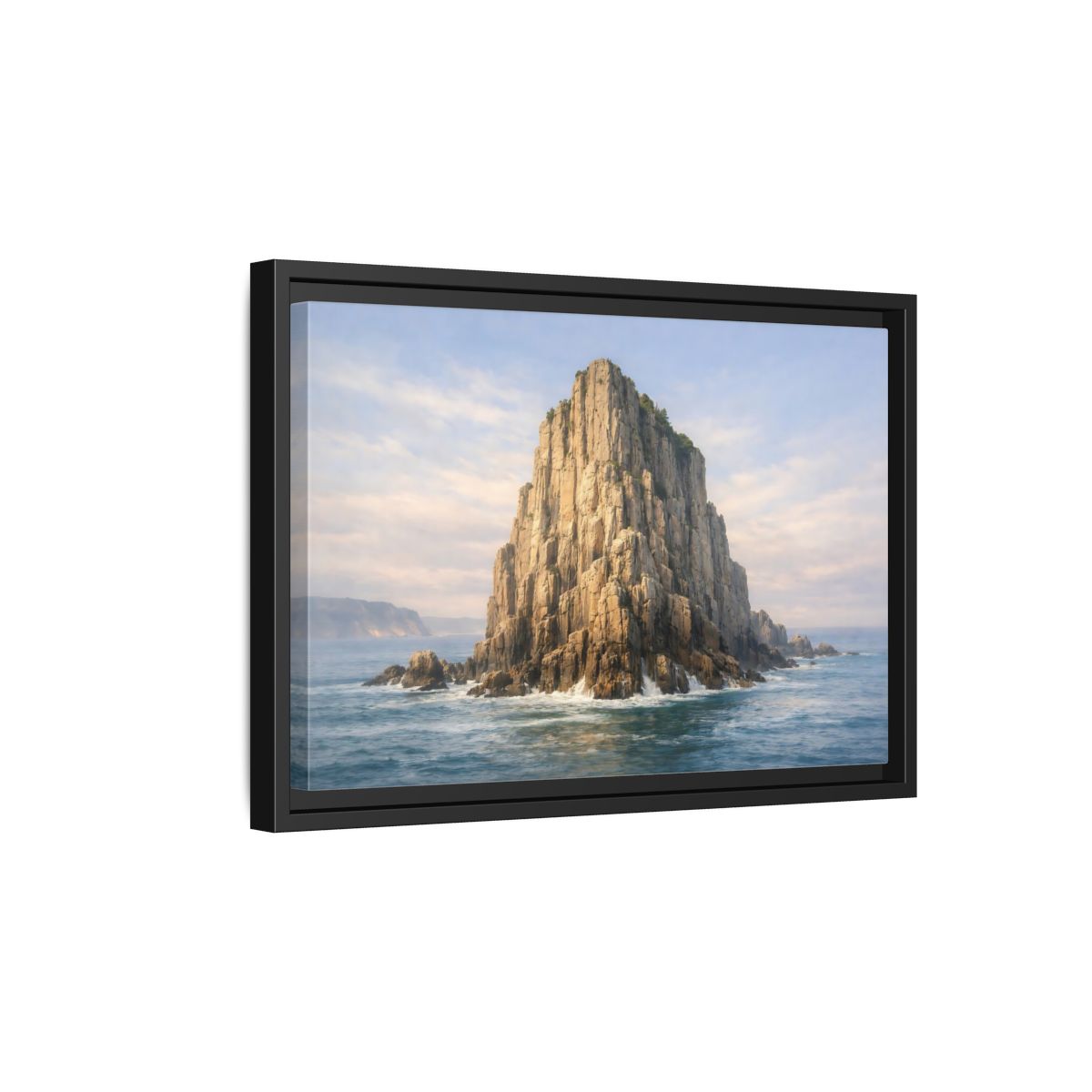 Side Mockup 6. Nature Sea Stack Blue And Tan shown as stretched canvas wall art