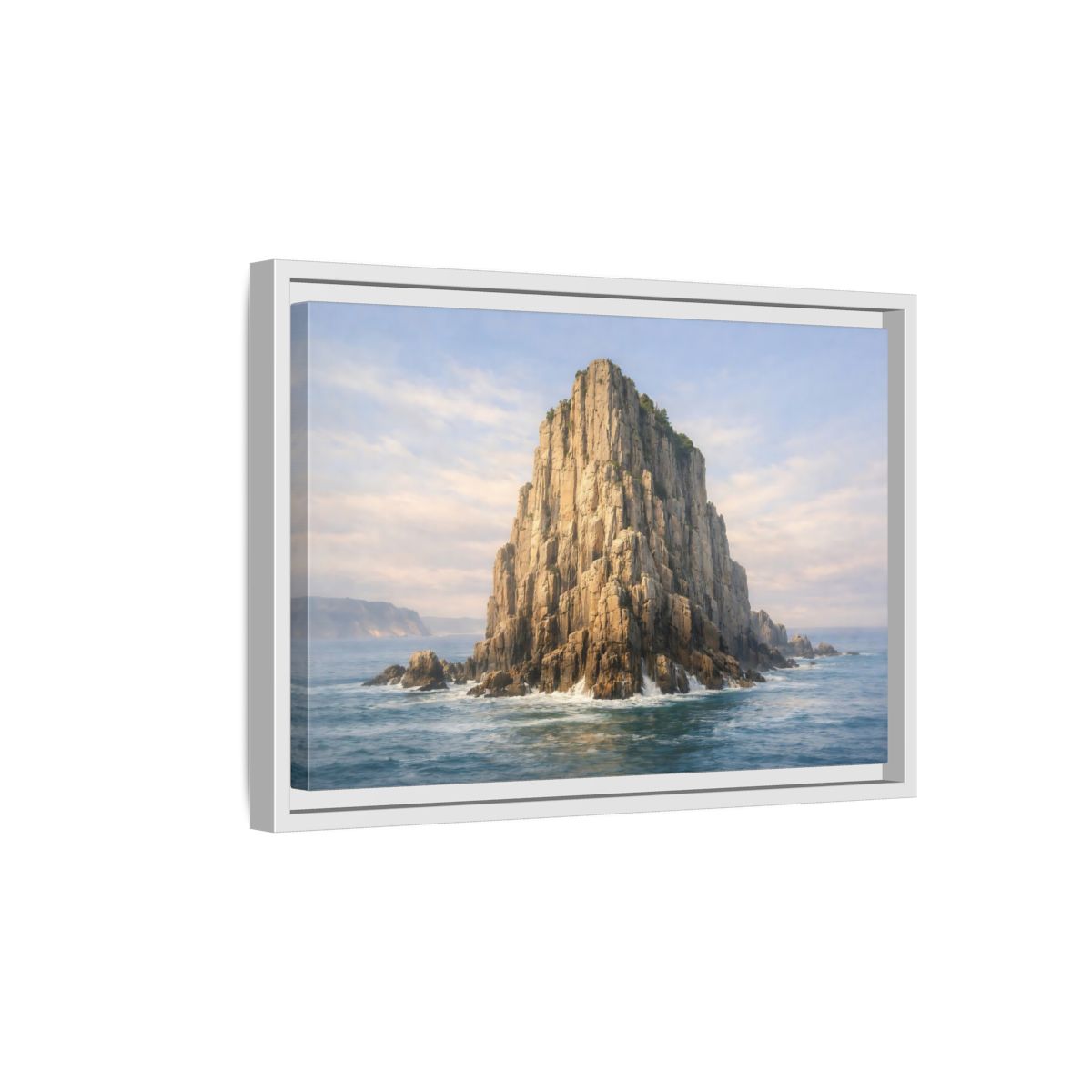 Side Mockup 4. Nature Sea Stack Blue And Tan shown as stretched canvas wall art