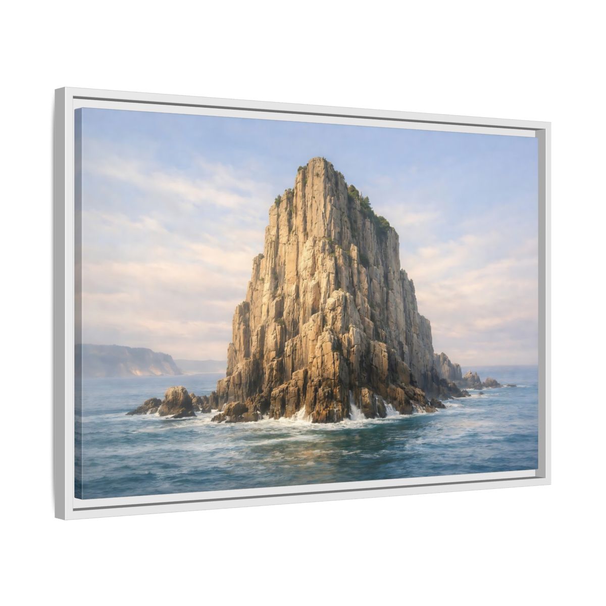 Side Mockup 10. Nature Sea Stack Blue And Tan shown as stretched canvas wall art