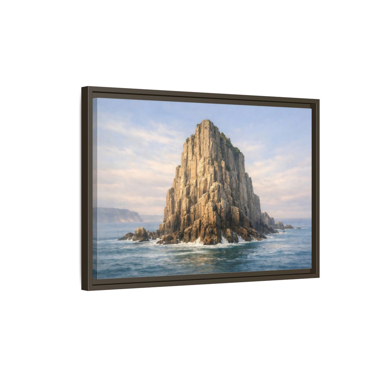 Side Mockup 2. Nature Sea Stack Blue And Tan shown as stretched canvas wall art