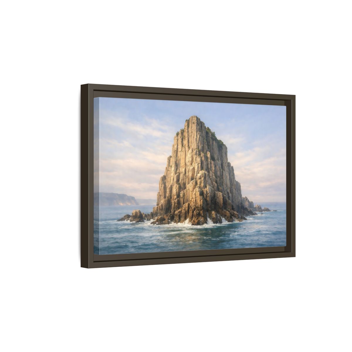 Side Mockup 5. Nature Sea Stack Blue And Tan shown as stretched canvas wall art