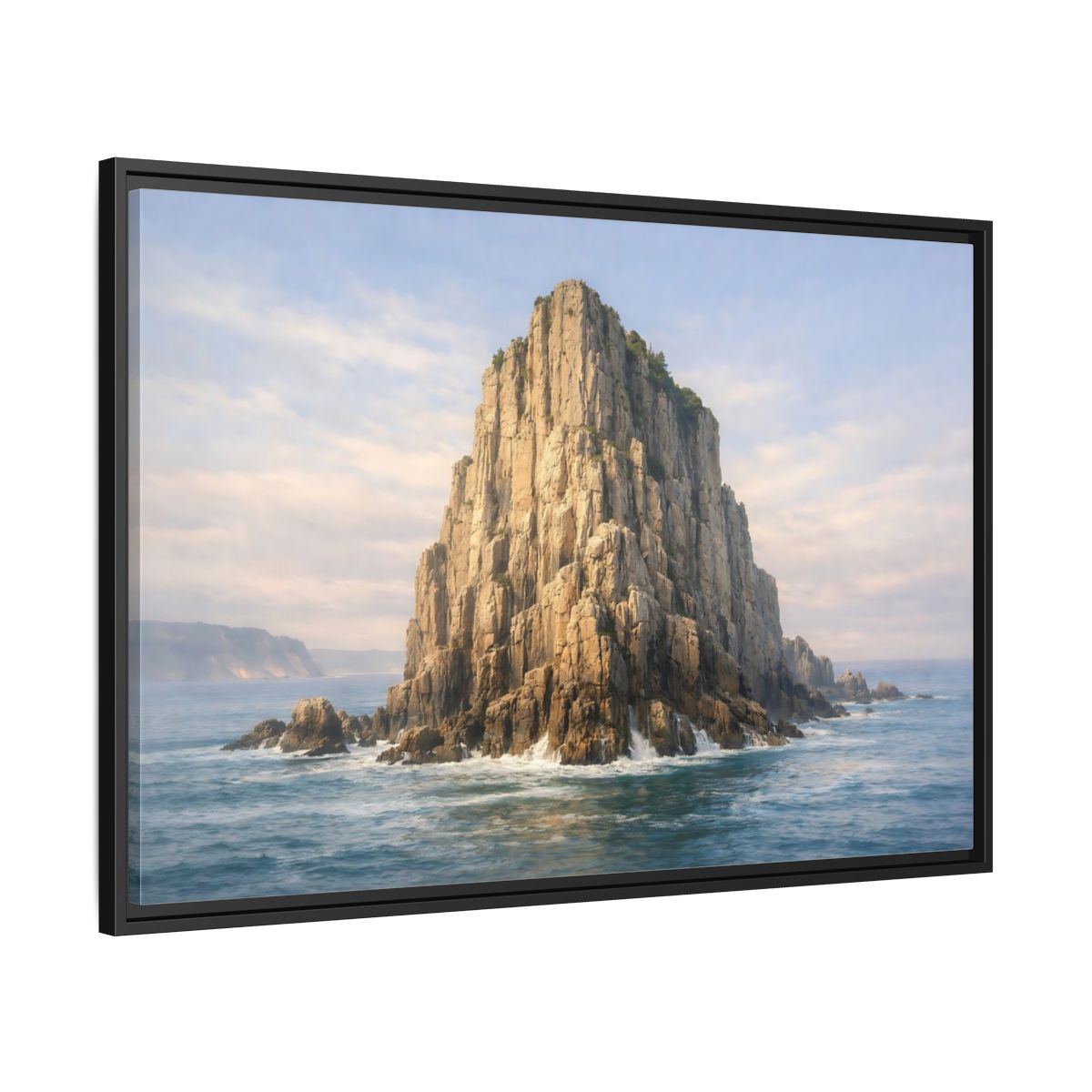 Side Mockup 13. Nature Sea Stack Blue And Tan shown as stretched canvas wall art
