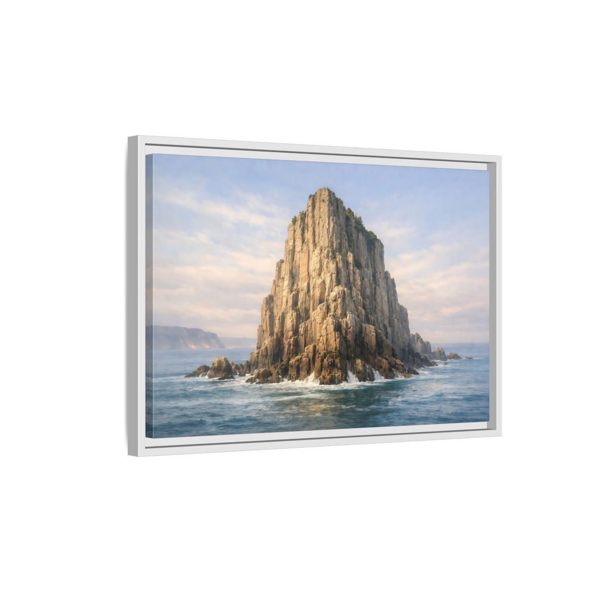 Side Mockup 1. Nature Sea Stack Blue And Tan shown as stretched canvas wall art