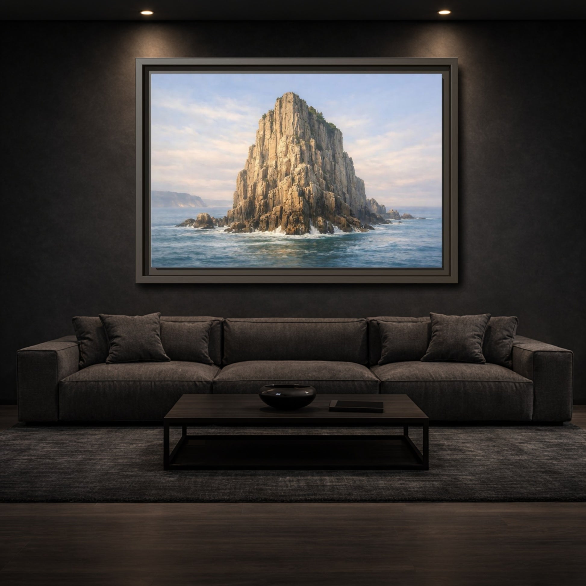 Mockup 2. Nature Sea Stack Blue And Tan shown as stretched canvas wall art