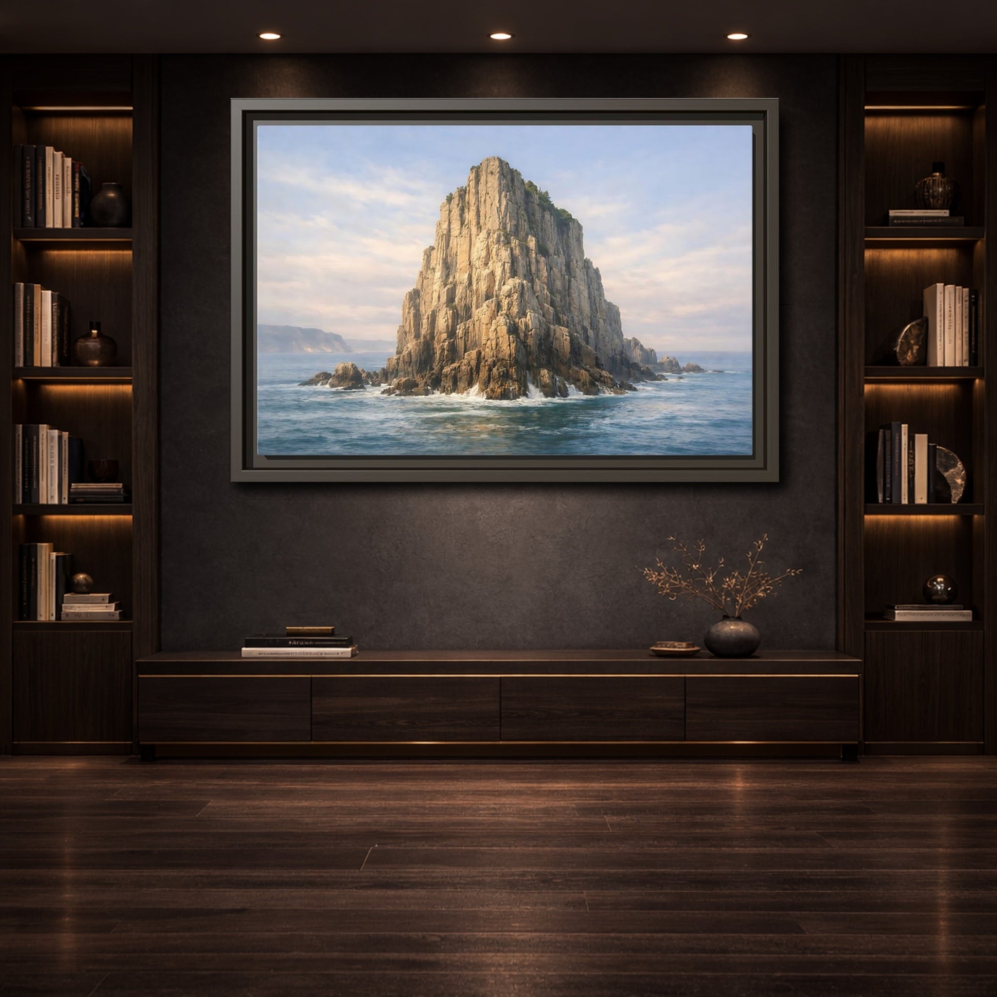Mockup 3. Nature Sea Stack Blue And Tan shown as stretched canvas wall art