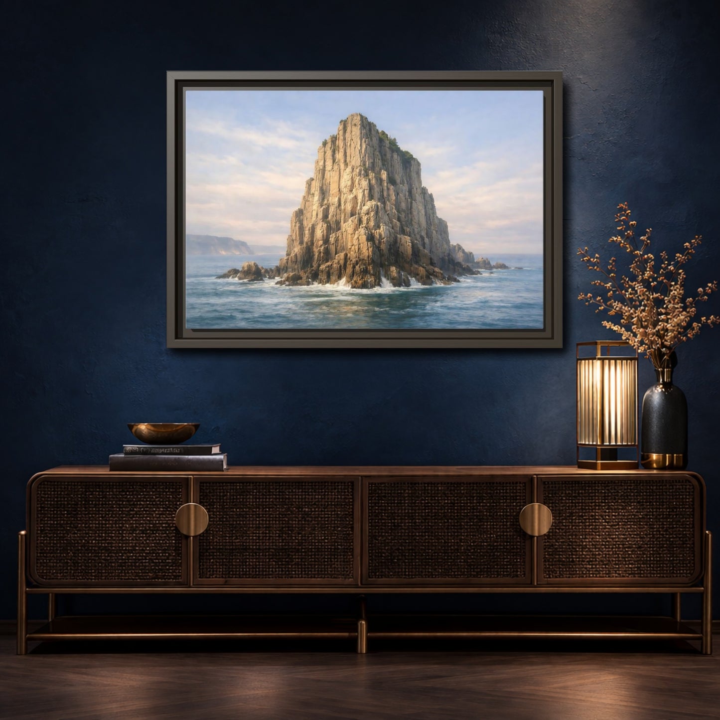 Mockup 4. Nature Sea Stack Blue And Tan shown as stretched canvas wall art