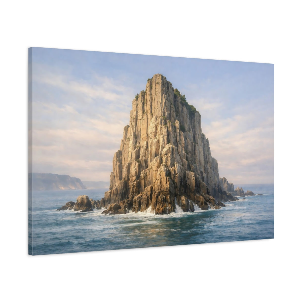 Side Mockup 1. Nature Sea Stack Brown And Blue shown as stretched canvas wall art