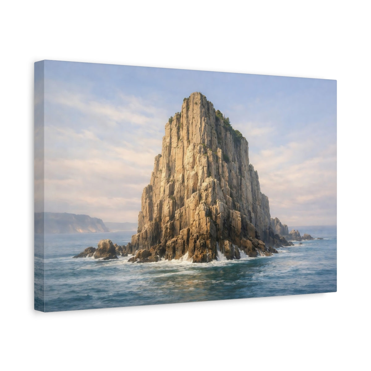 Side Mockup 4. Nature Sea Stack Brown And Blue shown as stretched canvas wall art