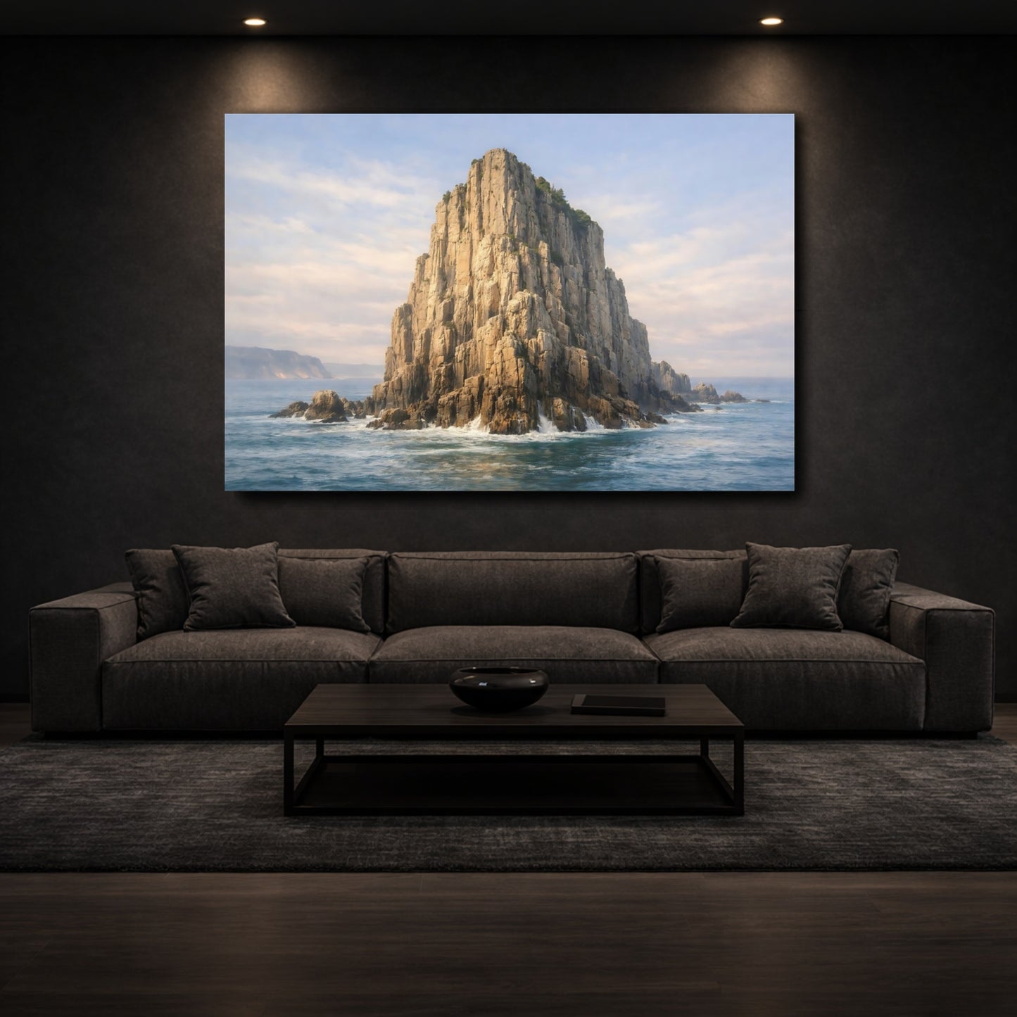 Mockup 2. Nature Sea Stack Brown And Blue shown as stretched canvas wall art