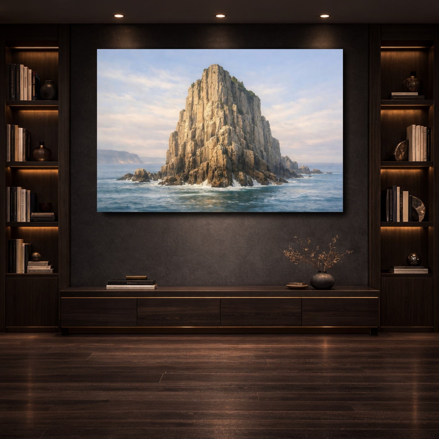 Mockup 3. Nature Sea Stack Brown And Blue shown as stretched canvas wall art