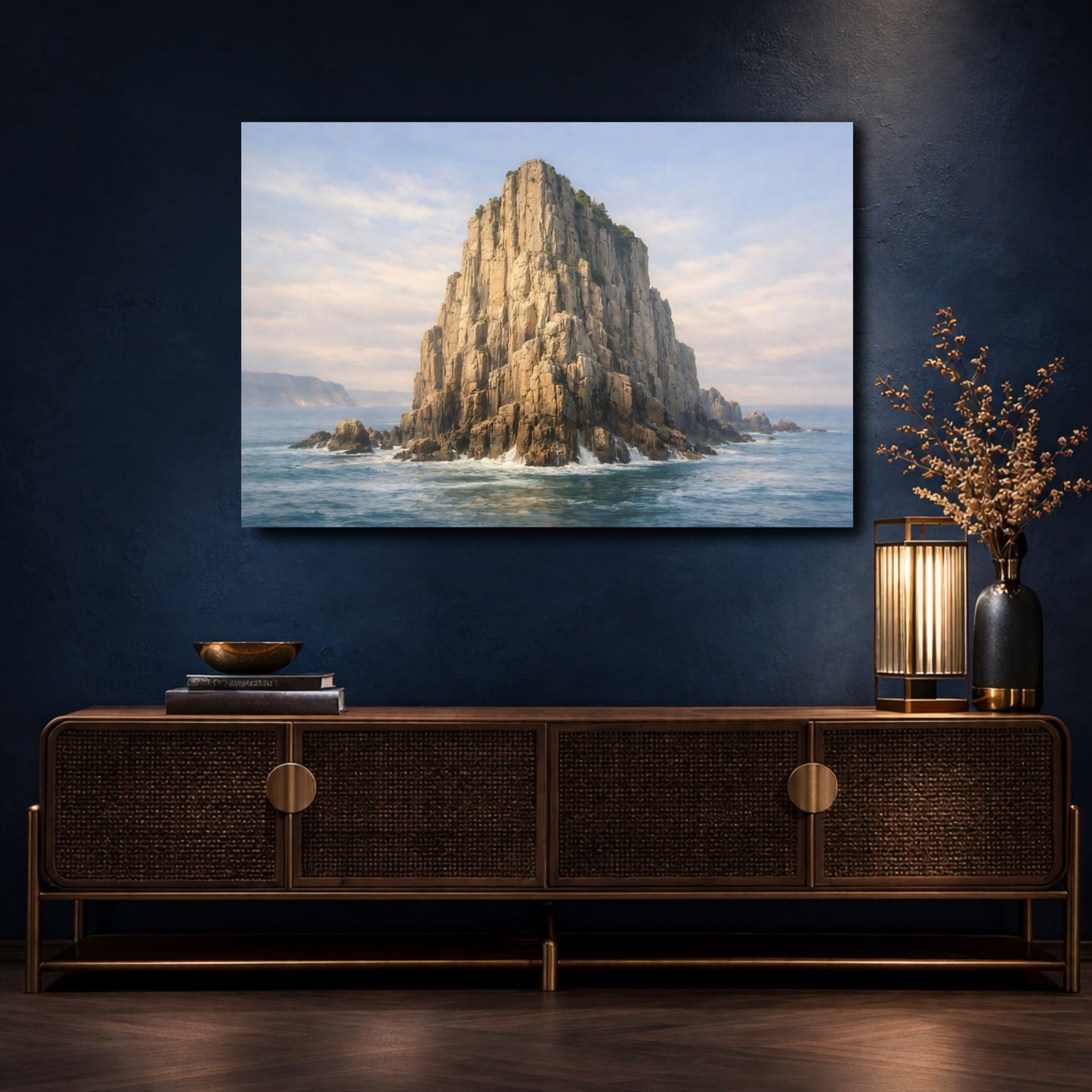 Mockup 4. Nature Sea Stack Brown And Blue shown as stretched canvas wall art