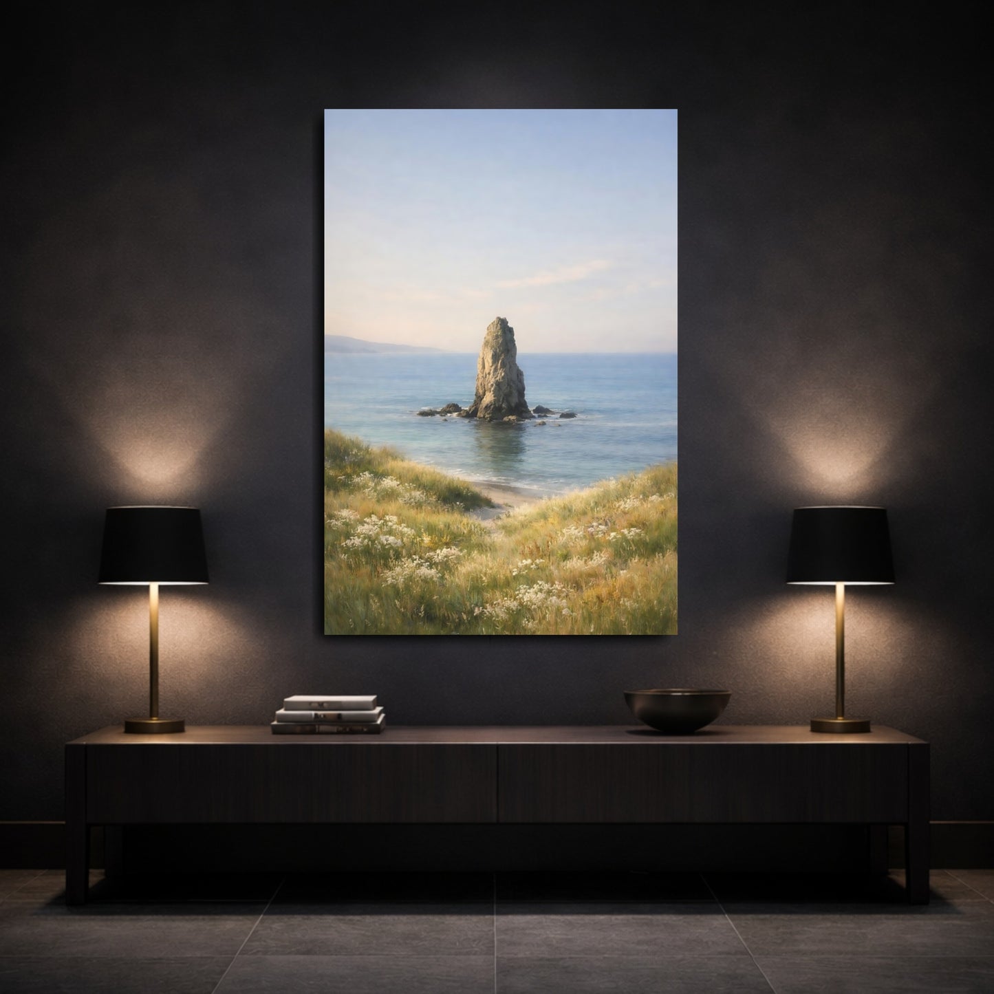Mockup 2. Nature Sea Stack Coastal Landscape shown as stretched canvas wall art