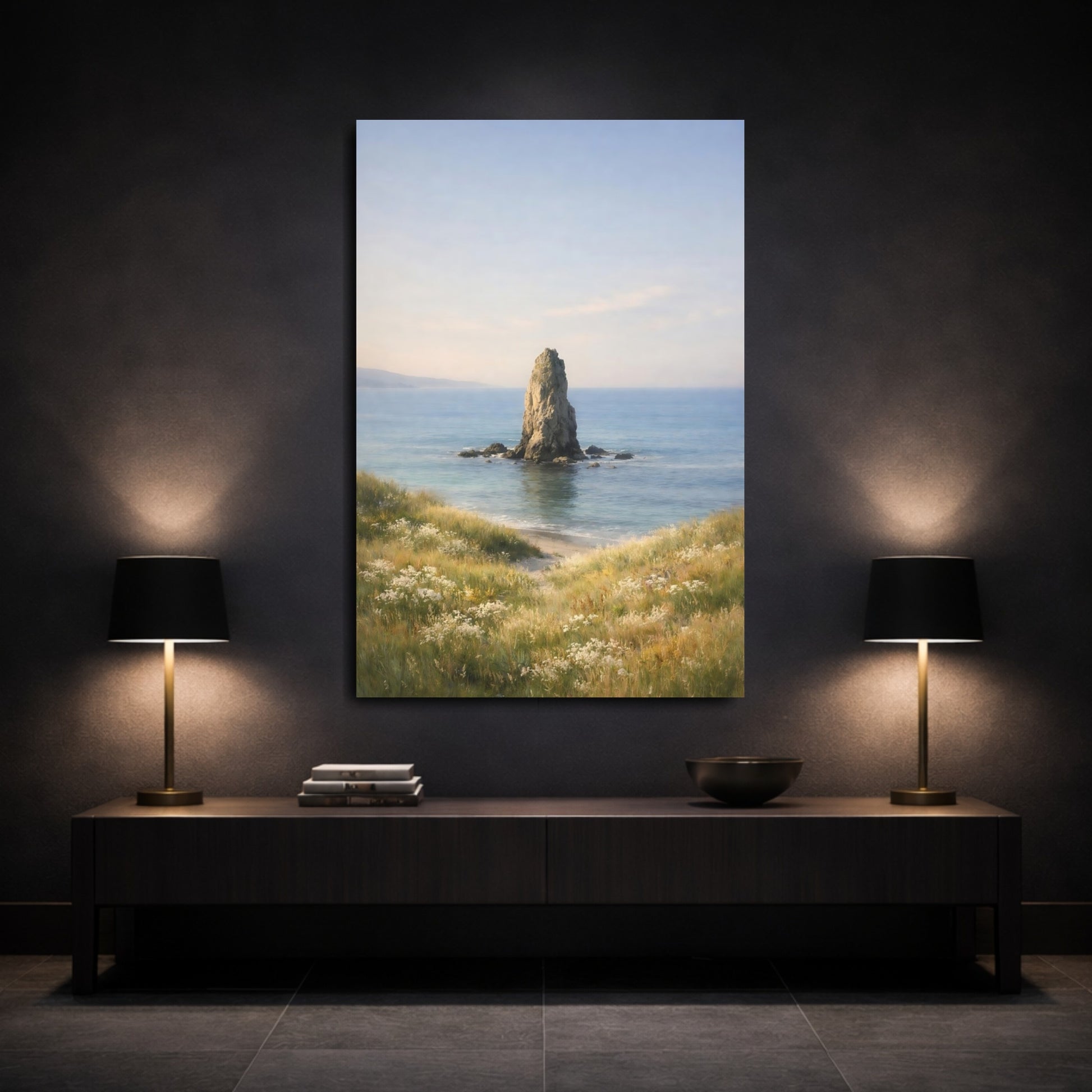 Mockup 2. Nature Sea Stack Coastal Landscape shown as stretched canvas wall art