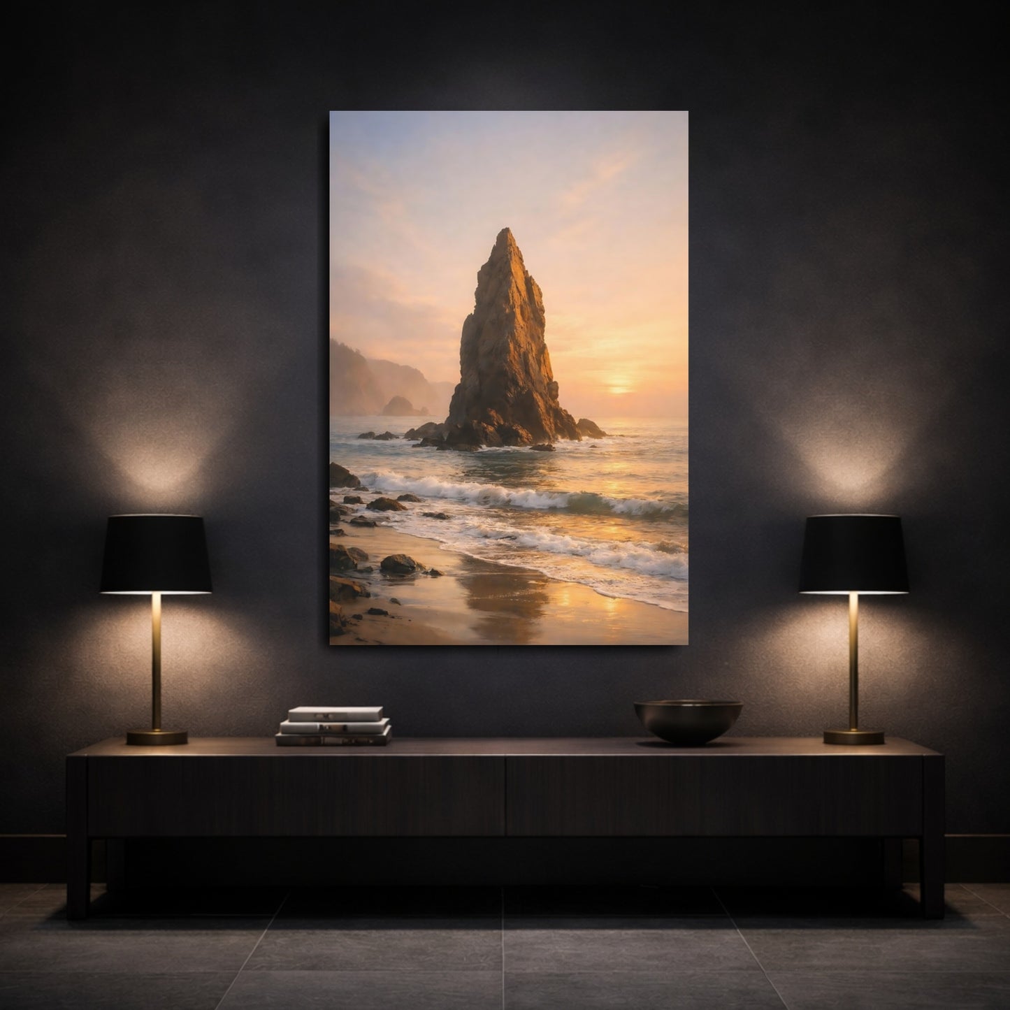 Mockup 2. Nature Sea Stack Golden Coastal Landscape shown as stretched canvas wall art