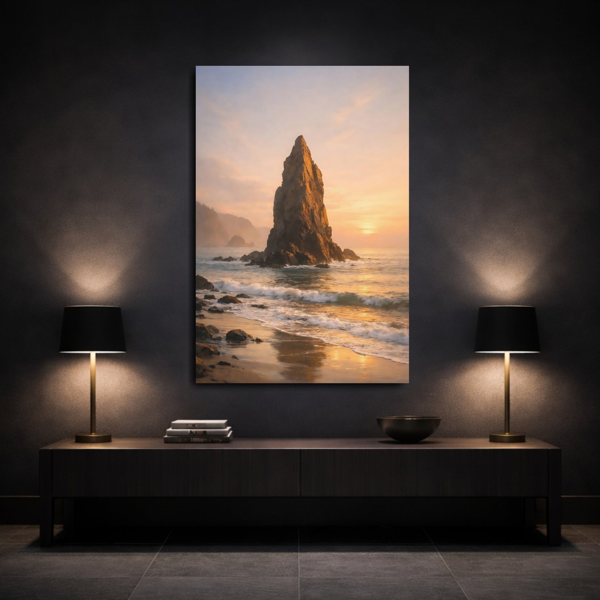 Mockup 2. Nature Sea Stack Golden Coastal Landscape shown as stretched canvas wall art