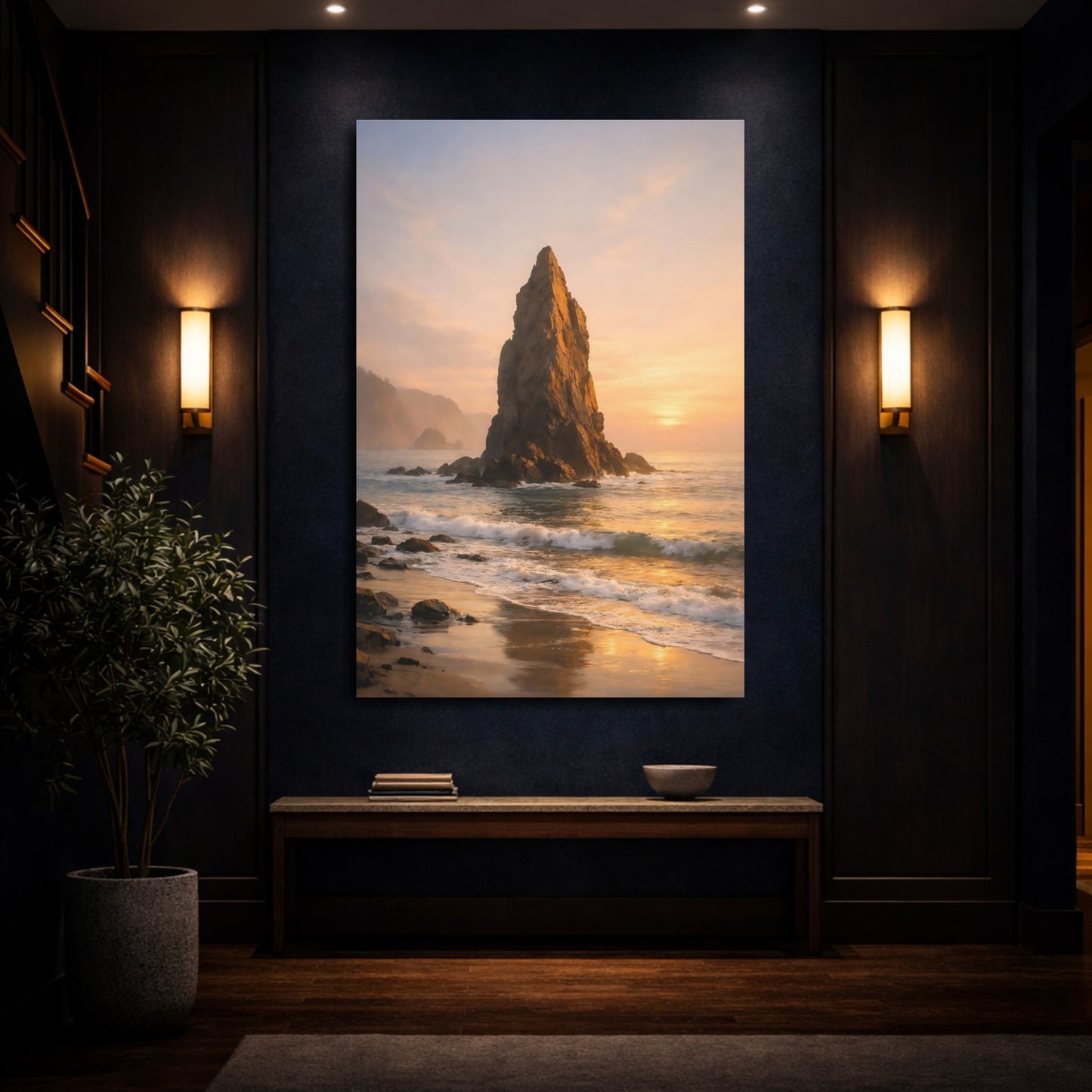 Mockup 3. Nature Sea Stack Golden Coastal Landscape shown as stretched canvas wall art