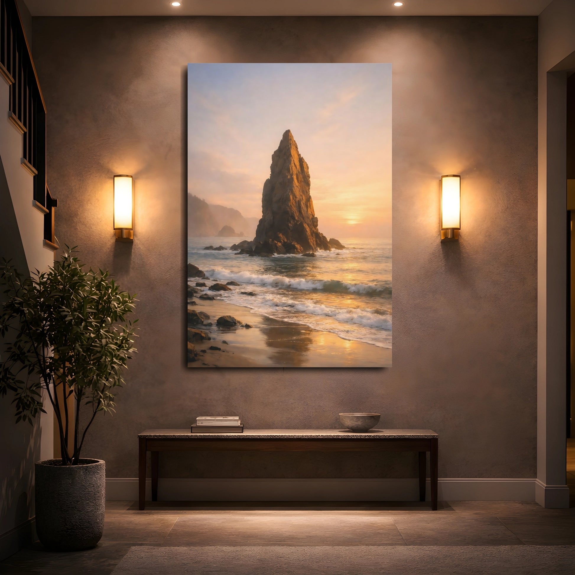 Mockup 4. Nature Sea Stack Golden Coastal Landscape shown as stretched canvas wall art