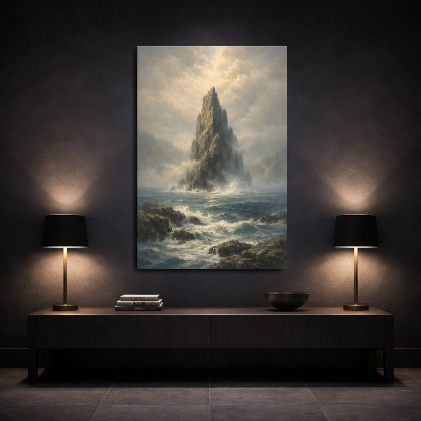 Mockup 2. Nature Sea Stack Seascape Rock shown as stretched canvas wall art