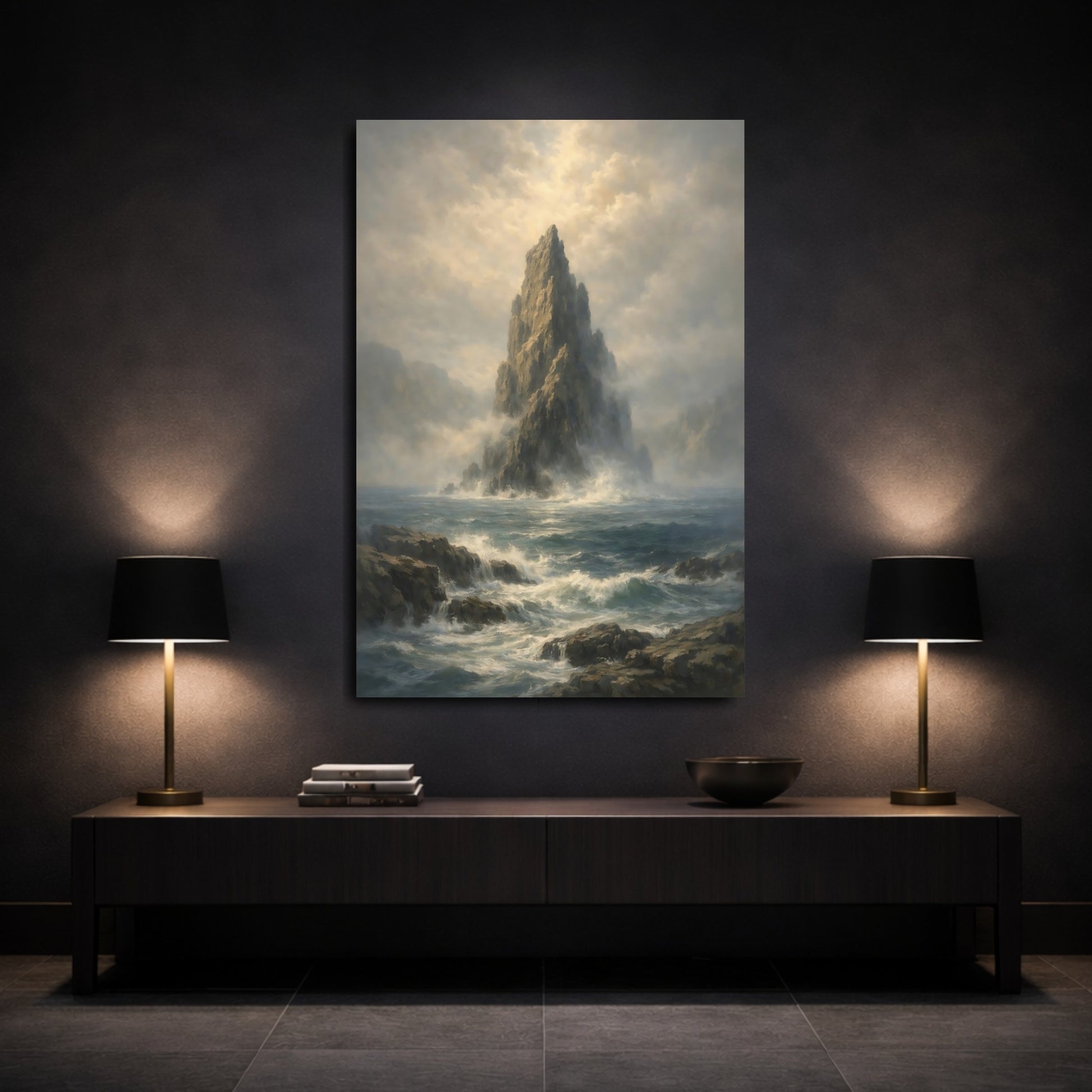 Mockup 2. Nature Sea Stack Seascape Rock shown as stretched canvas wall art