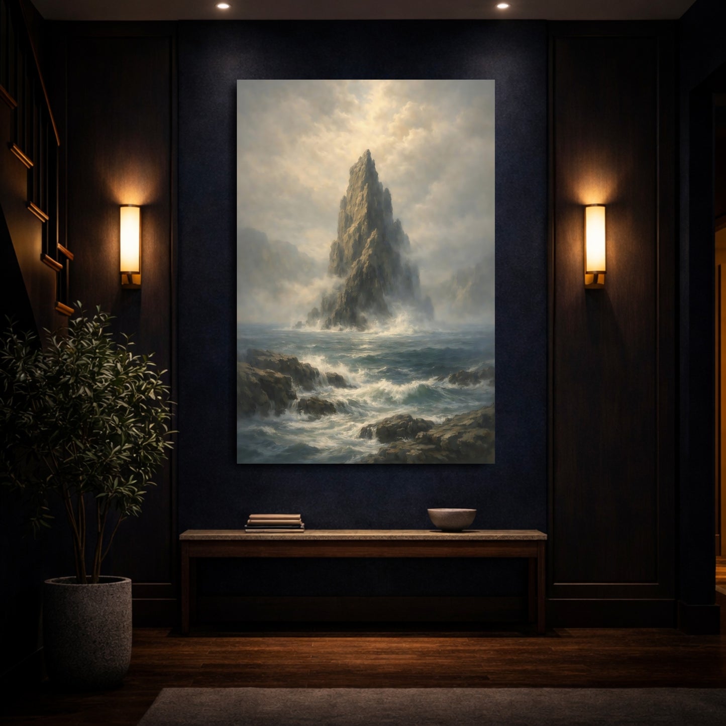 Mockup 3. Nature Sea Stack Seascape Rock shown as stretched canvas wall art