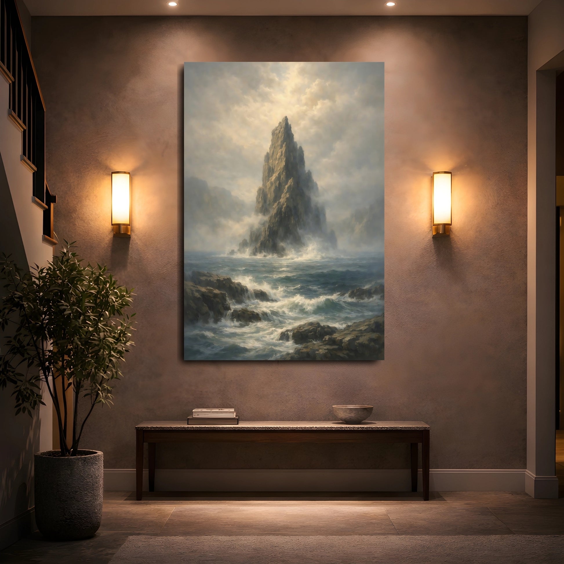 Mockup 4. Nature Sea Stack Seascape Rock shown as stretched canvas wall art