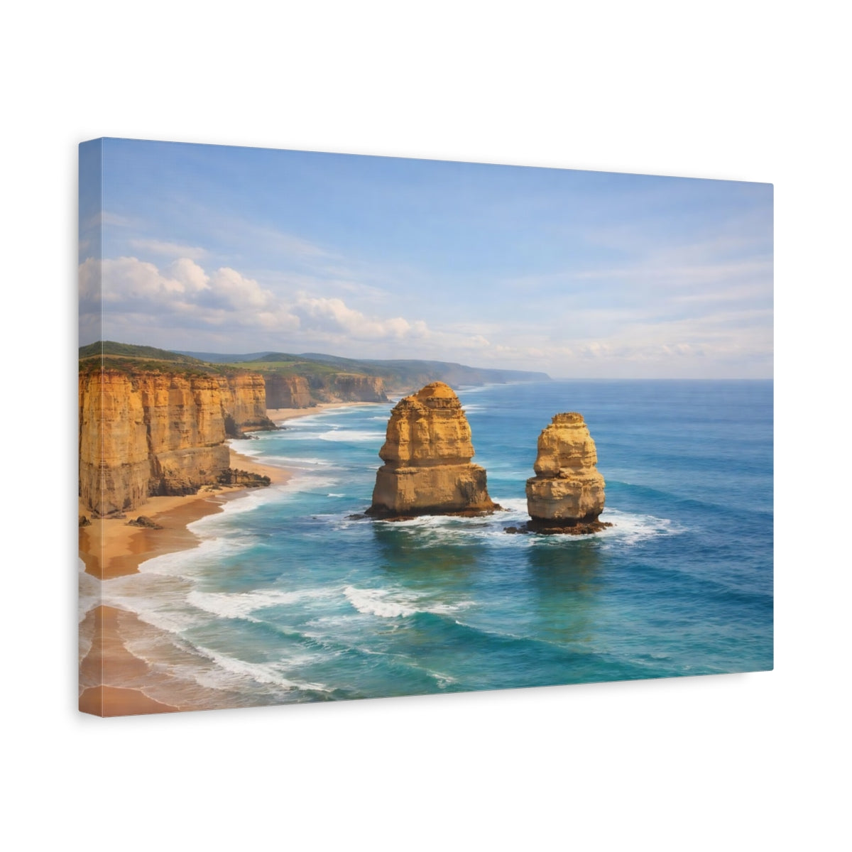 Side Mockup 4. Nature Sea Stacks Blue Ocean Cliffs shown as stretched canvas wall art
