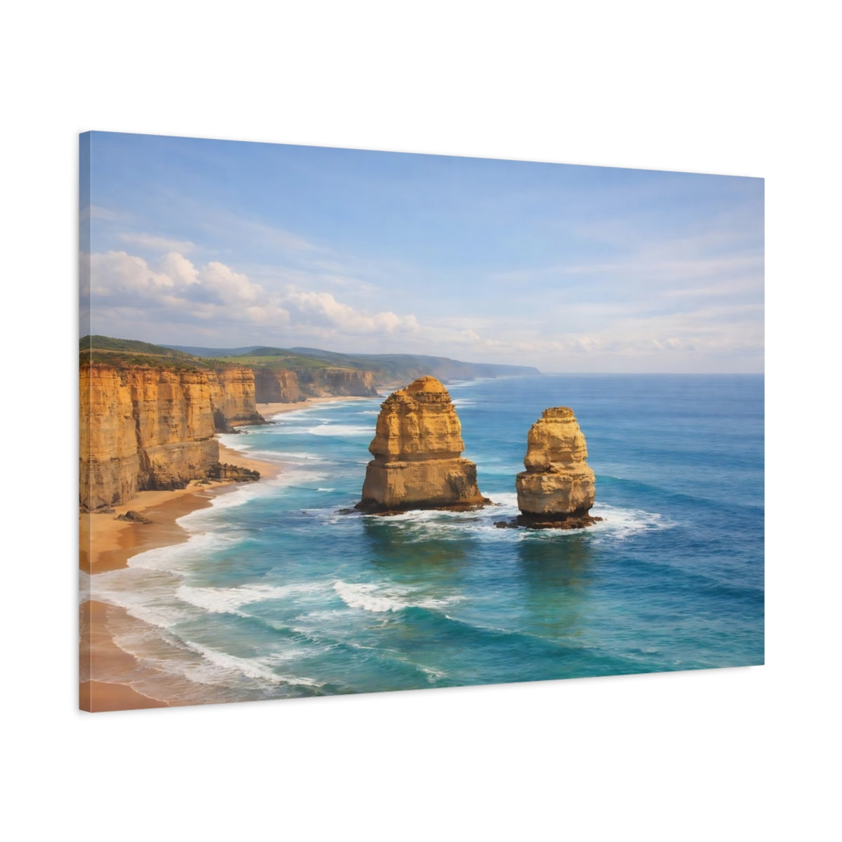 Side Mockup 1. Nature Sea Stacks Blue Ocean Cliffs shown as stretched canvas wall art