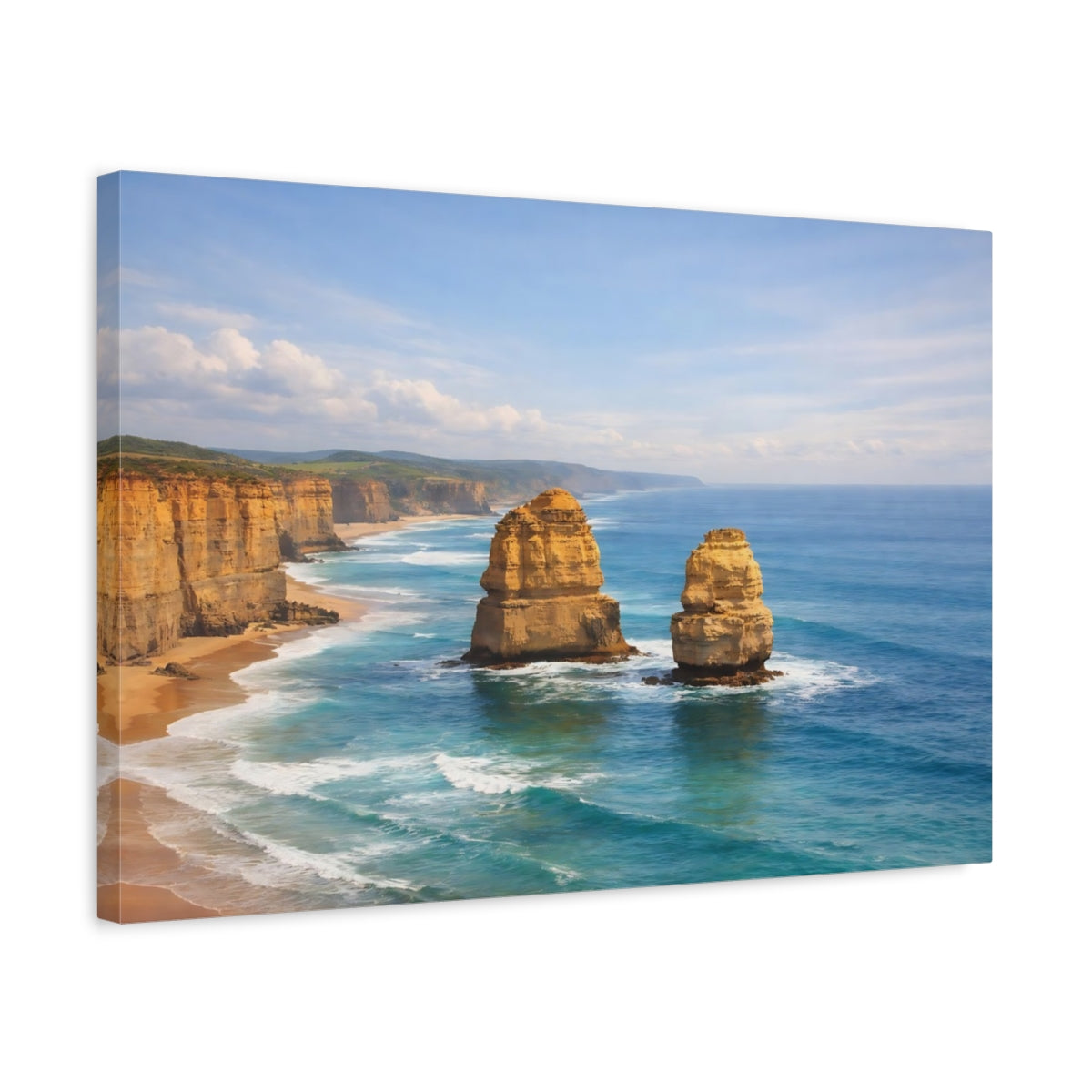 Side Mockup 3. Nature Sea Stacks Blue Ocean Cliffs shown as stretched canvas wall art