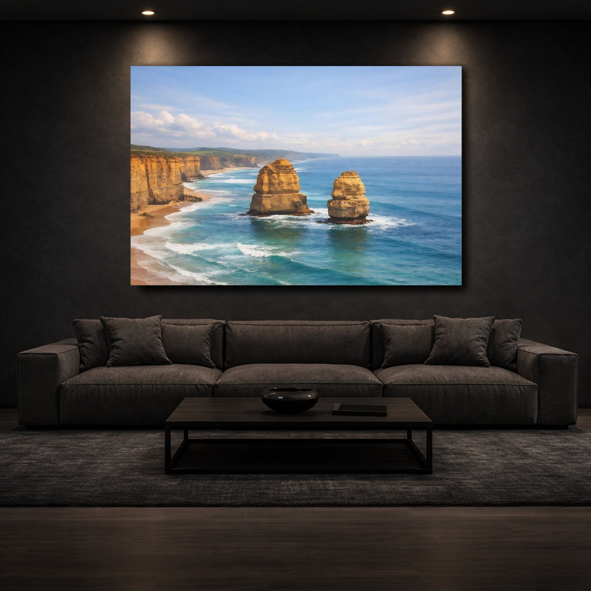 Mockup 2. Nature Sea Stacks Blue Ocean Cliffs shown as stretched canvas wall art