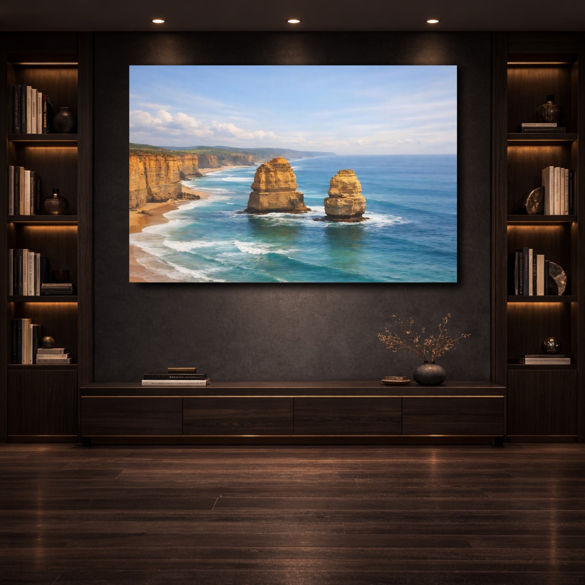 Mockup 3. Nature Sea Stacks Blue Ocean Cliffs shown as stretched canvas wall art