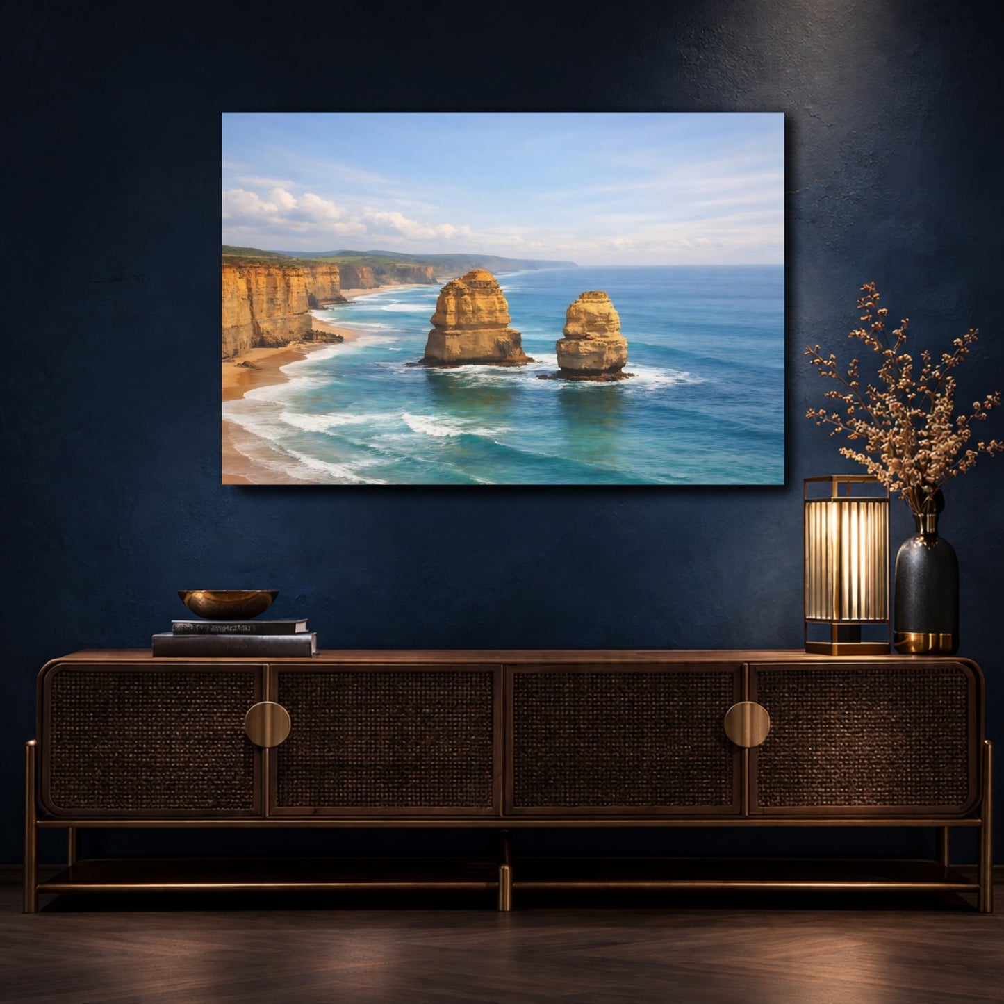 Mockup 4. Nature Sea Stacks Blue Ocean Cliffs shown as stretched canvas wall art