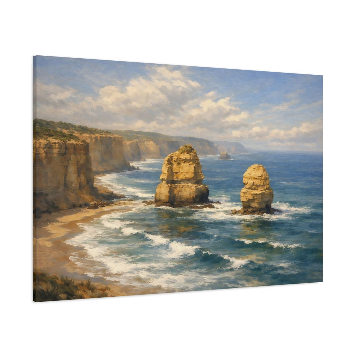 Main Mockup. Nature Sea Stacks Coastal Landscape Blue Gold shown as stretched canvas wall art
