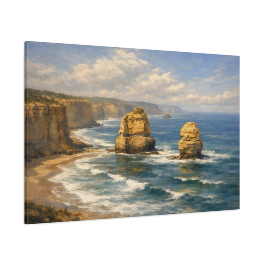 Main Mockup. Nature Sea Stacks Coastal Landscape Blue Gold shown as stretched canvas wall art