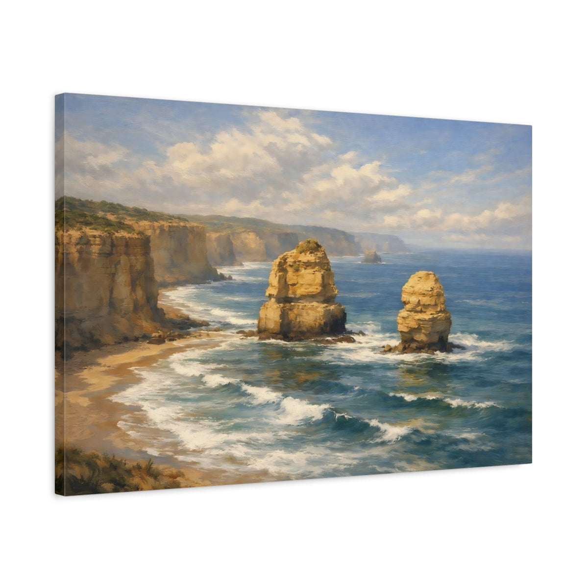 Side Mockup 2. Nature Sea Stacks Coastal Landscape Blue Gold shown as stretched canvas wall art