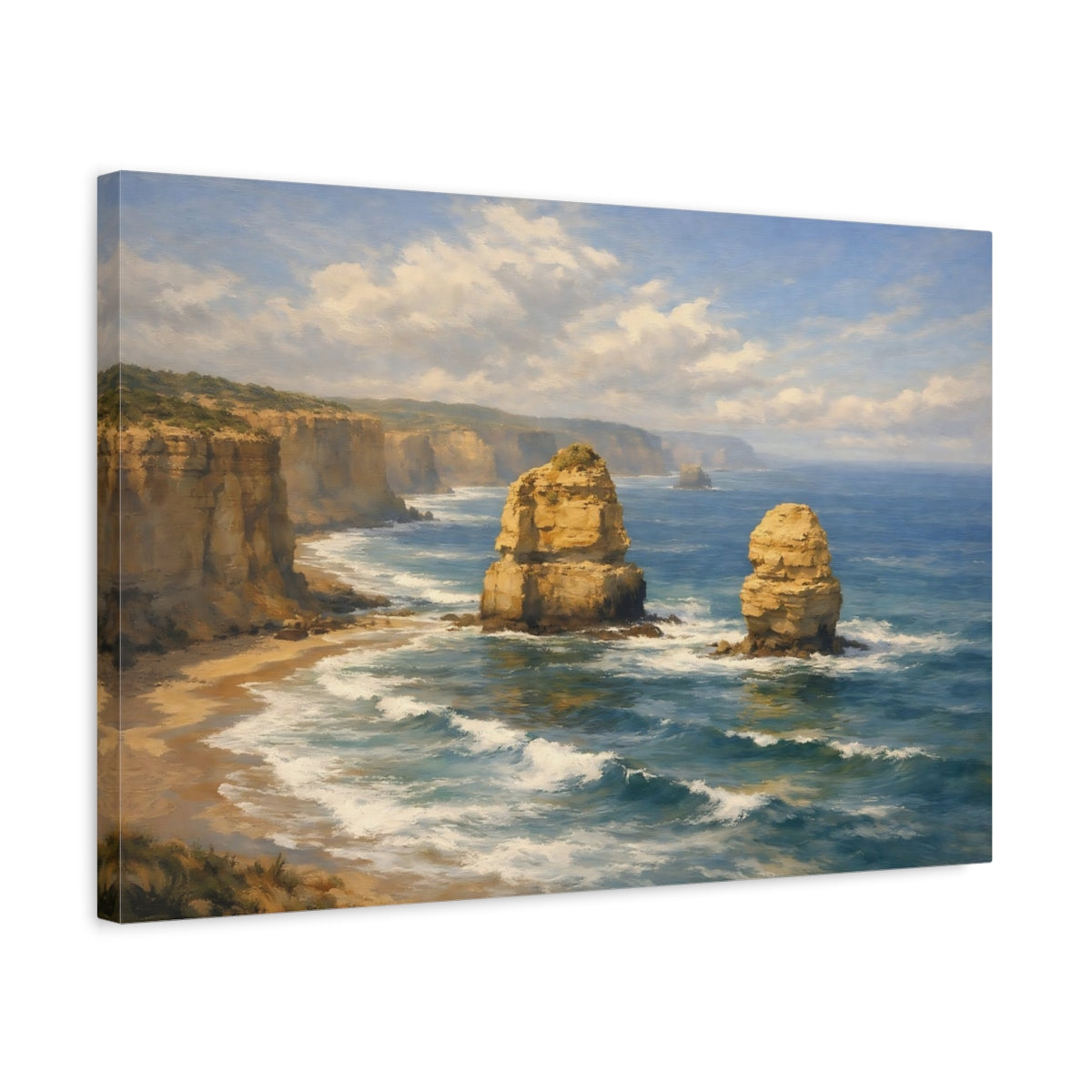 Side Mockup 3. Nature Sea Stacks Coastal Landscape Blue Gold shown as stretched canvas wall art
