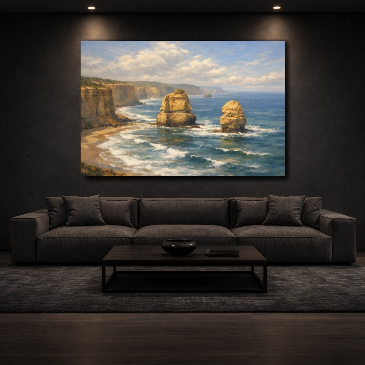 Mockup 2. Nature Sea Stacks Coastal Landscape Blue Gold shown as stretched canvas wall art
