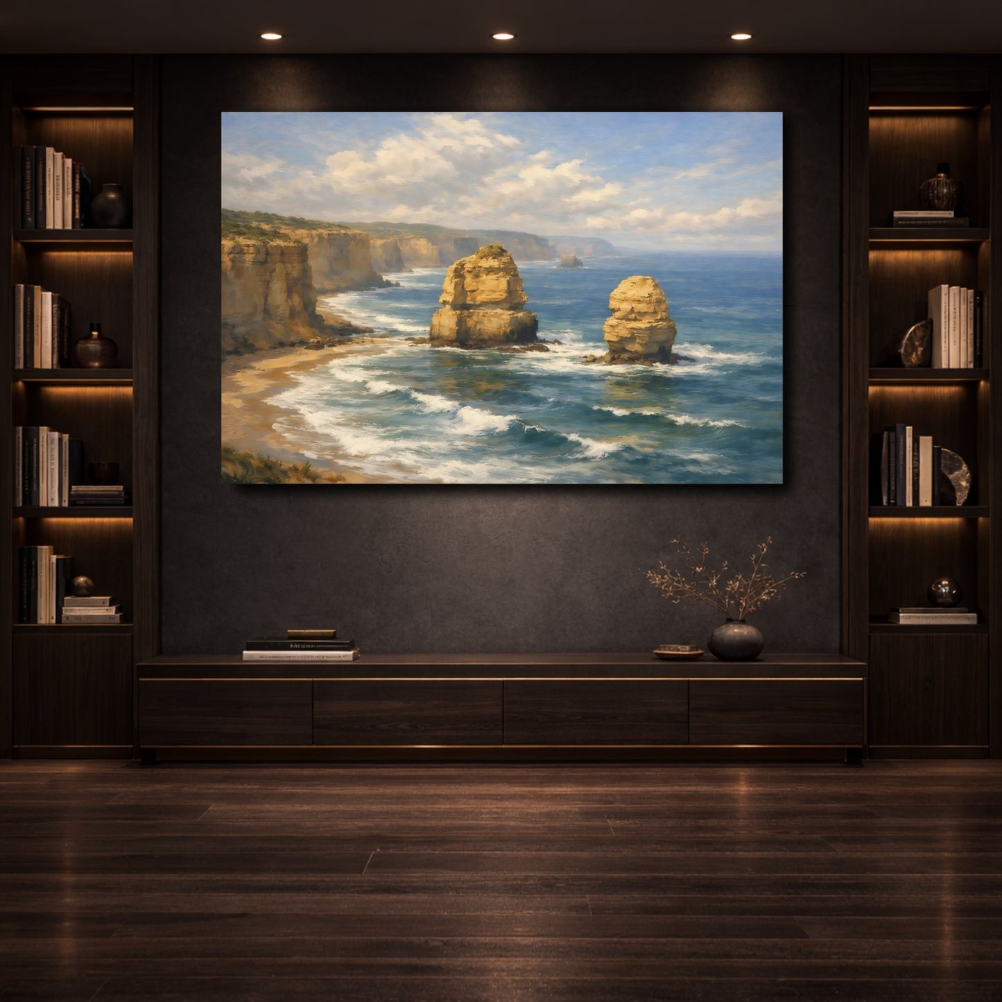 Mockup 3. Nature Sea Stacks Coastal Landscape Blue Gold shown as stretched canvas wall art