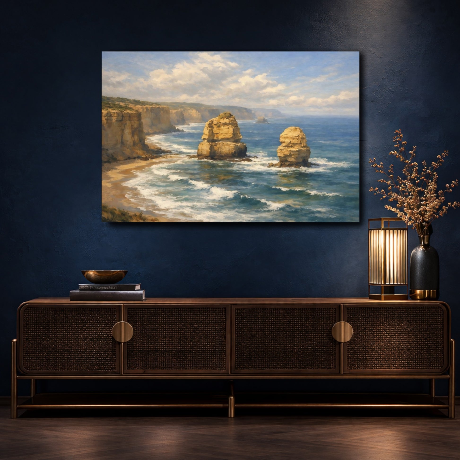 Mockup 4. Nature Sea Stacks Coastal Landscape Blue Gold shown as stretched canvas wall art