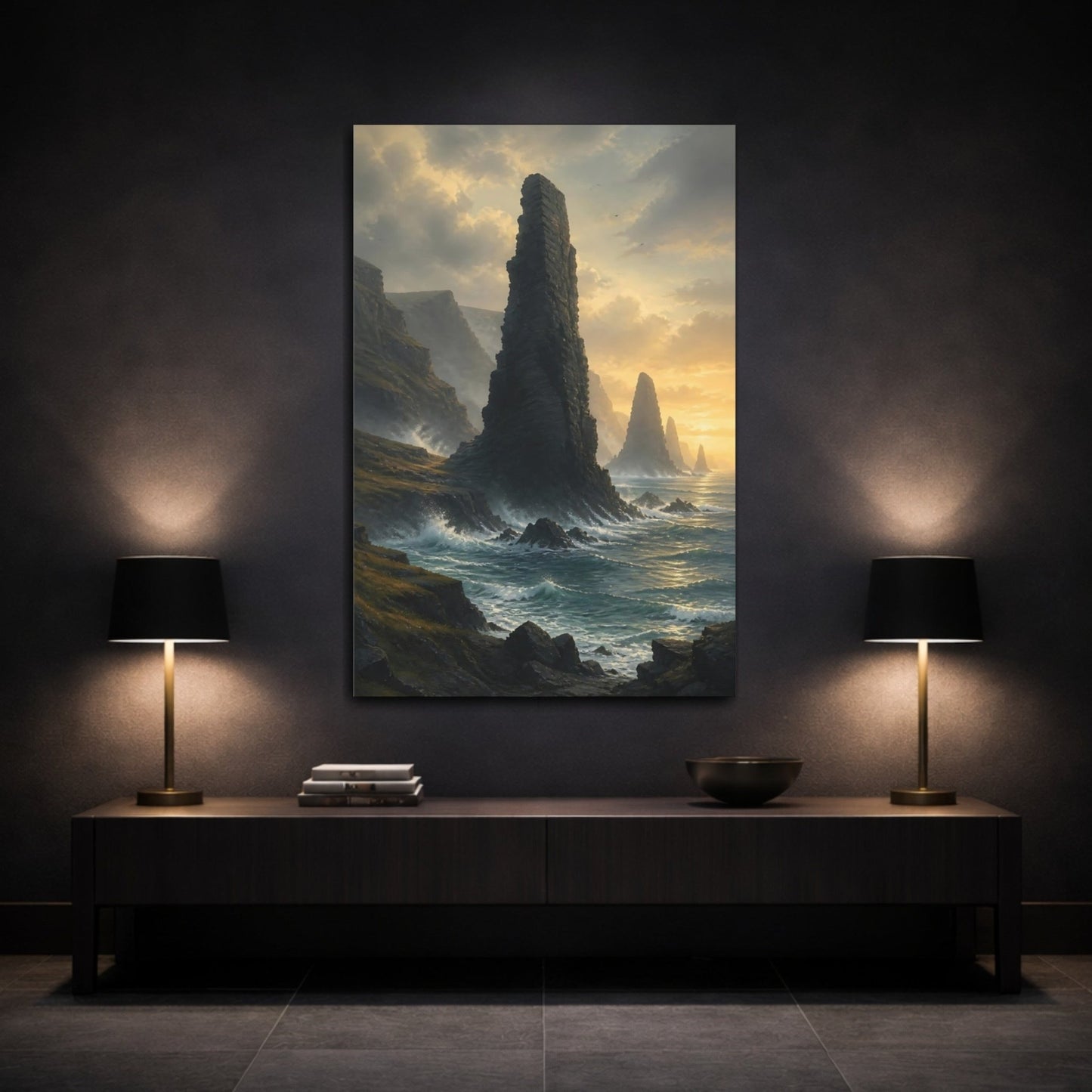 Nature Sea Stacks Ocean Cliffs Sunset Canvas Print – Dramatic Living Room, Above Couch - YesArtYes