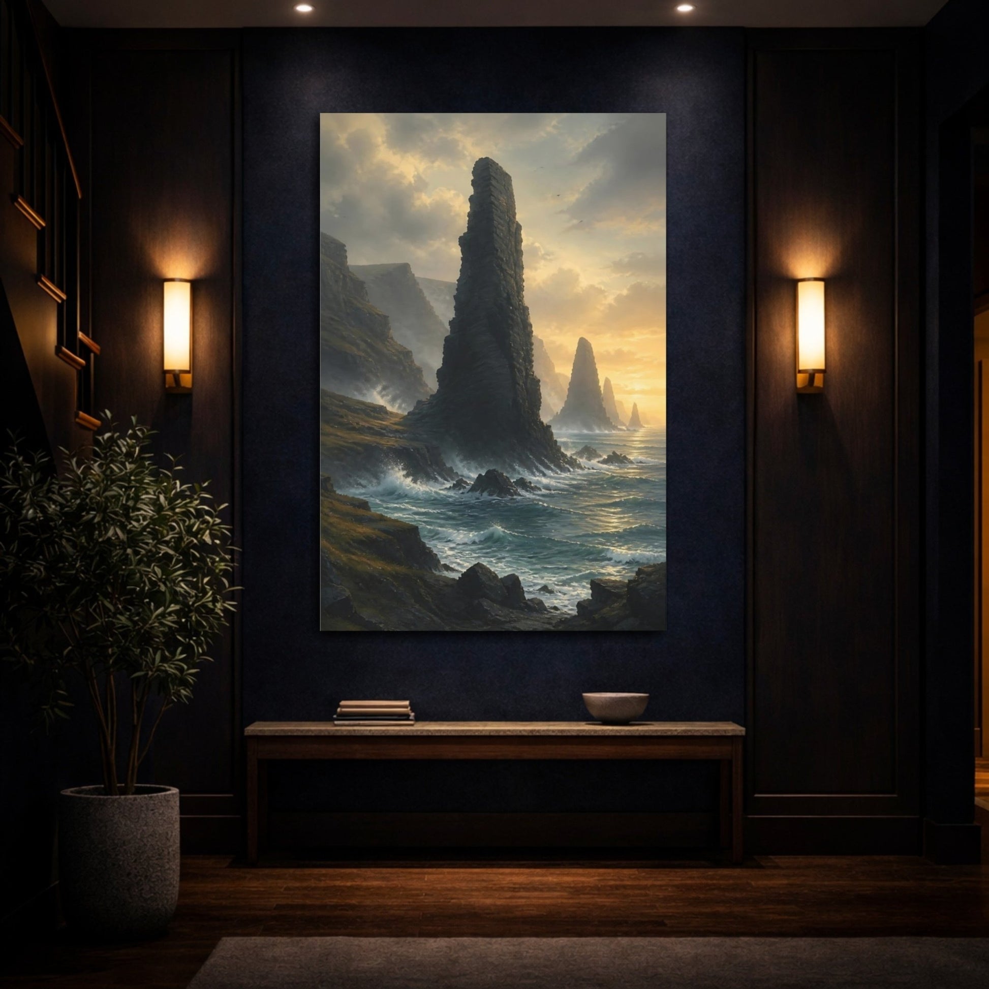 Nature Sea Stacks Ocean Cliffs Sunset Canvas Print – Dramatic Living Room, Above Couch - YesArtYes