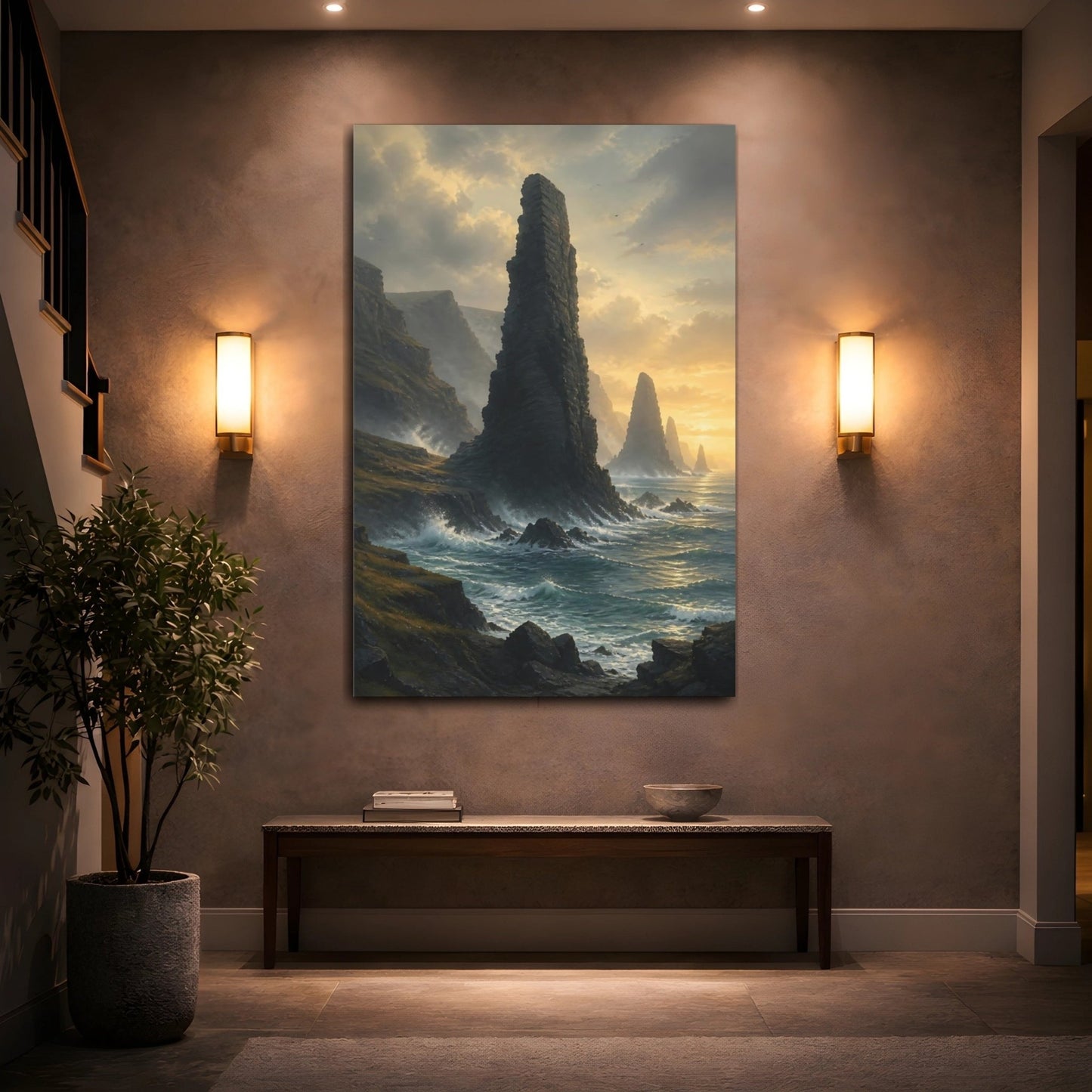 Nature Sea Stacks Ocean Cliffs Sunset Canvas Print – Dramatic Living Room, Above Couch - YesArtYes