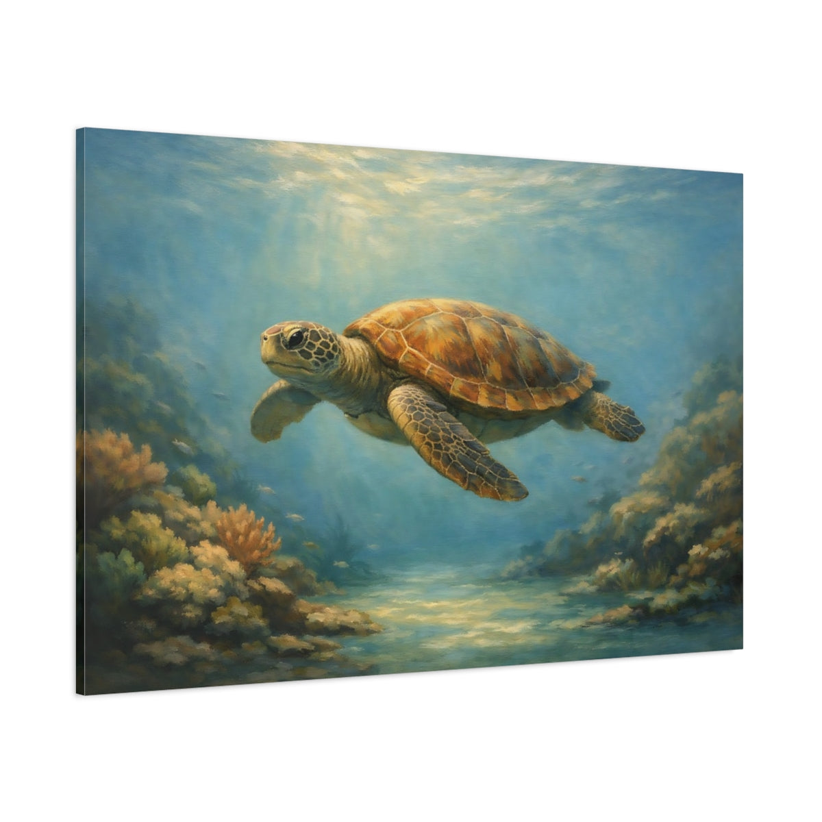 Main Mockup. Nature Sea Turtle Blue And Brown shown as stretched canvas wall art