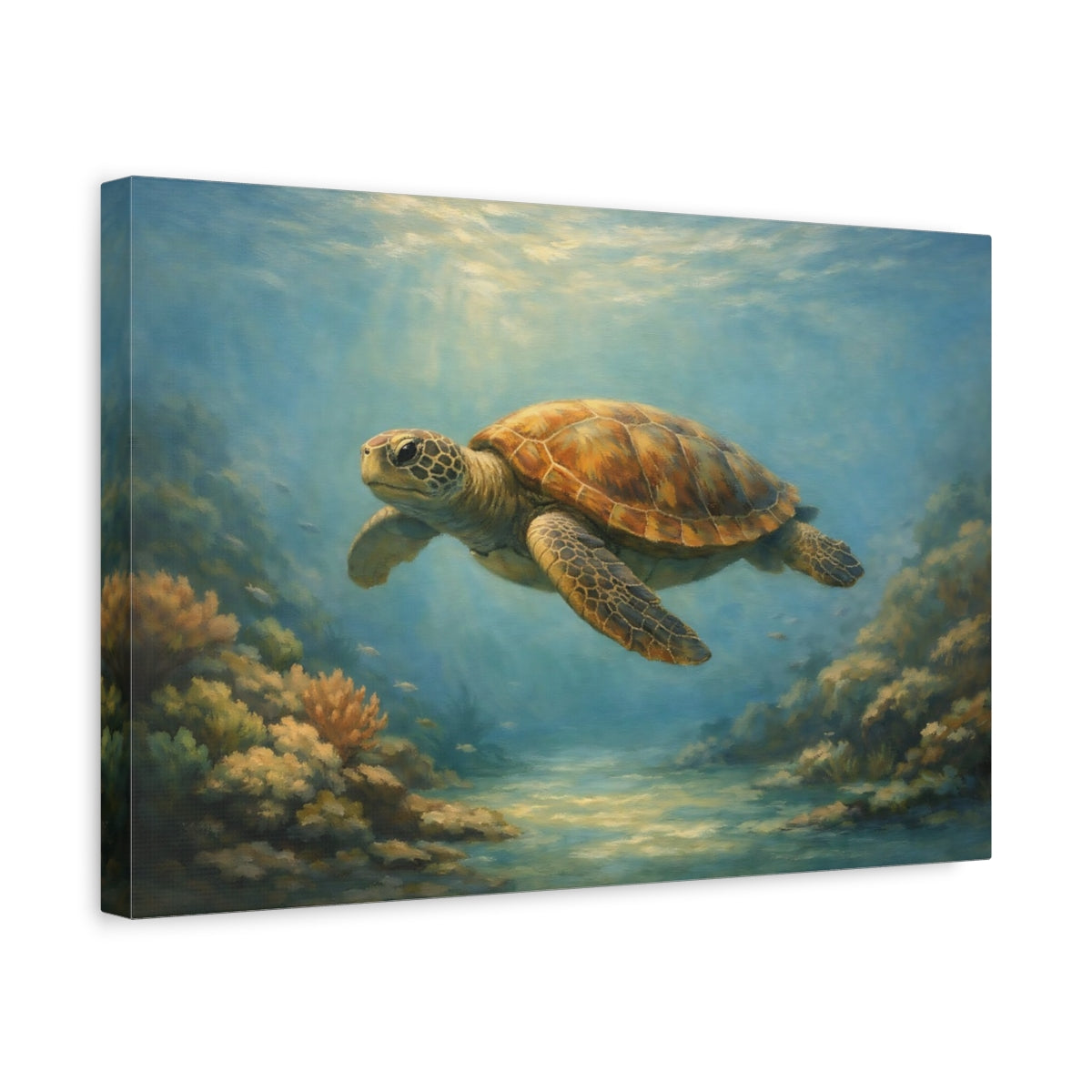 Side Mockup 4. Nature Sea Turtle Blue And Brown shown as stretched canvas wall art